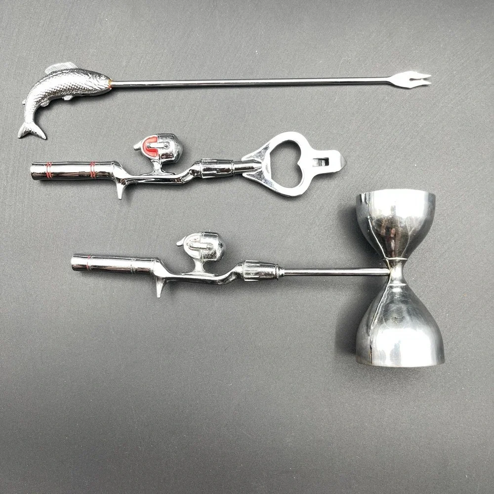 Fishing Theme Bar Tool Set Jigger Bottle Opener Fish Cocktail Pick Stainless